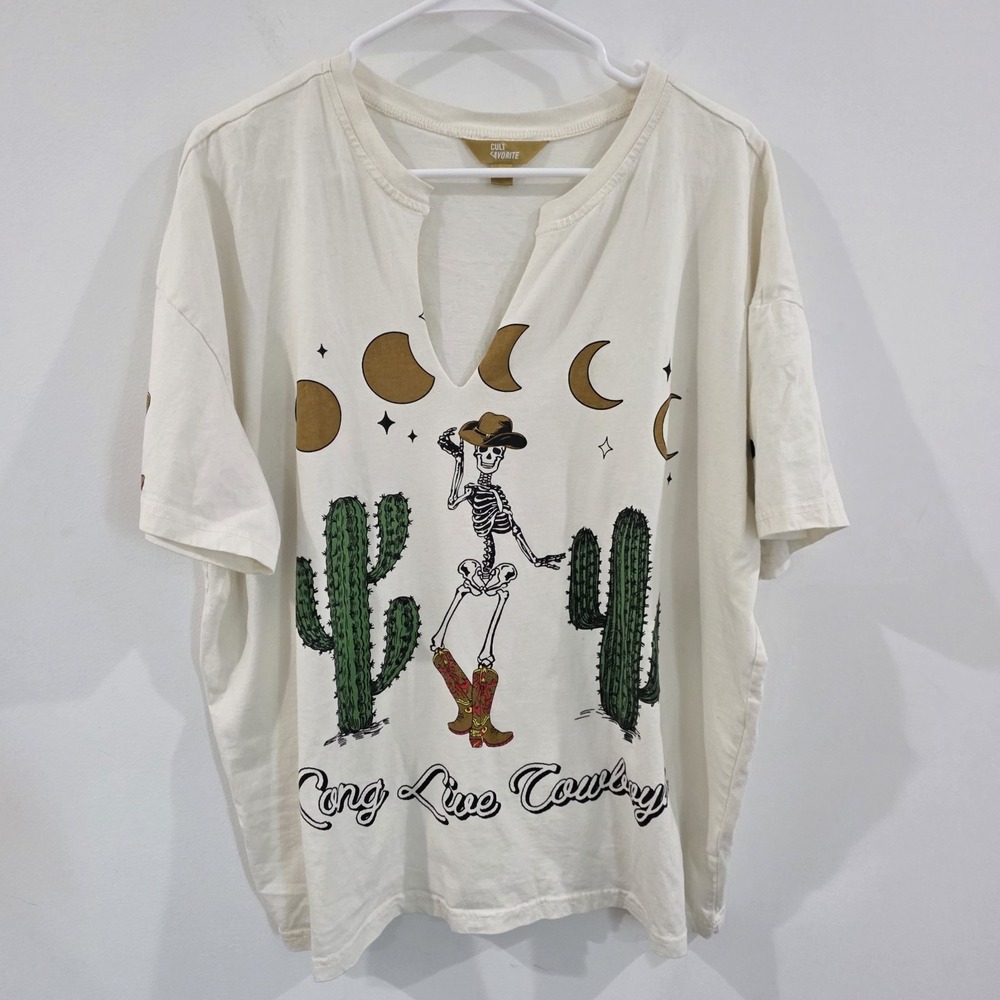 Womens Graphic T Shirt Size XL‎ Skeletons Celestial Moons Cactus Western Cowboy